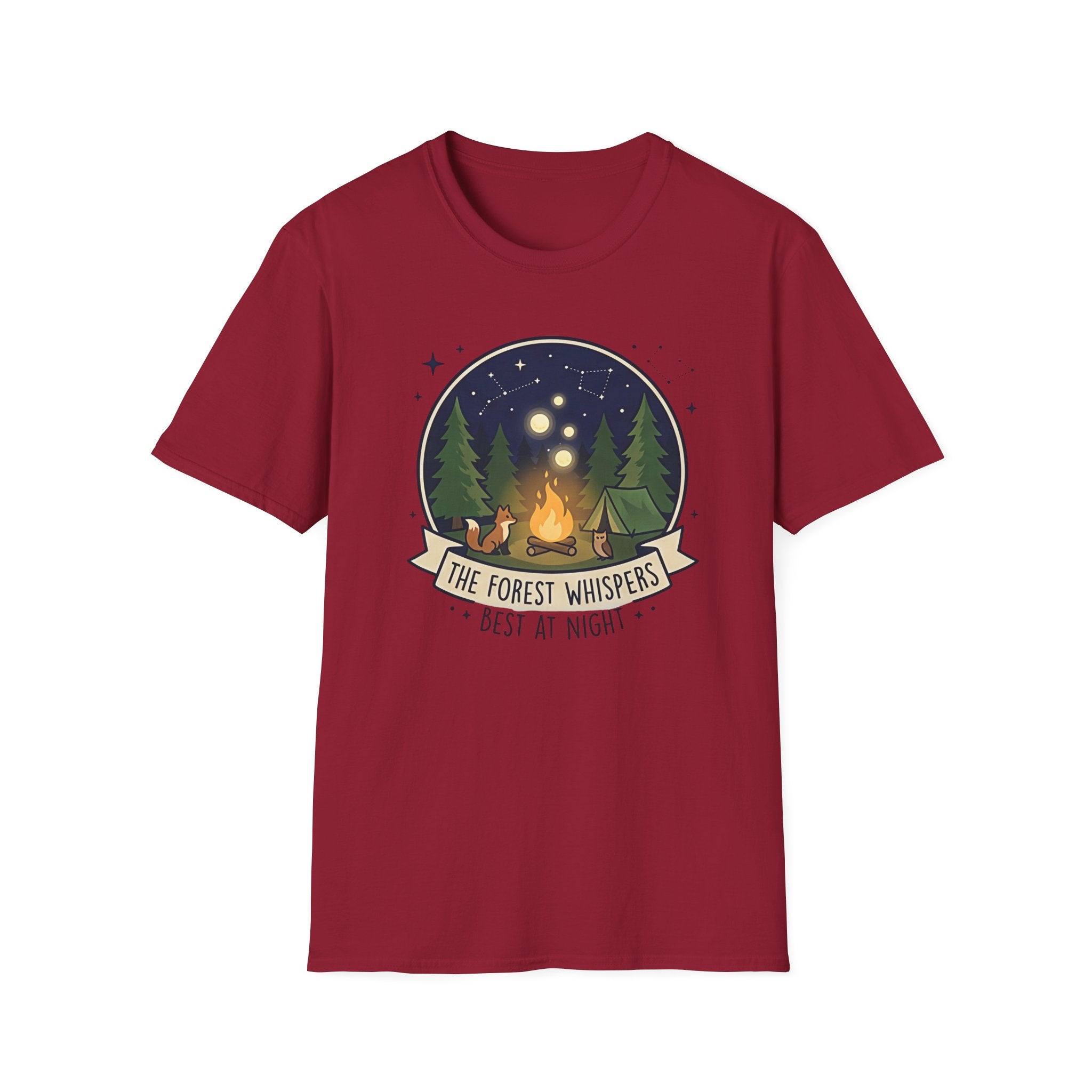 The Forest Whispers campfire scene T-Shirt | nighttime woods illustration
