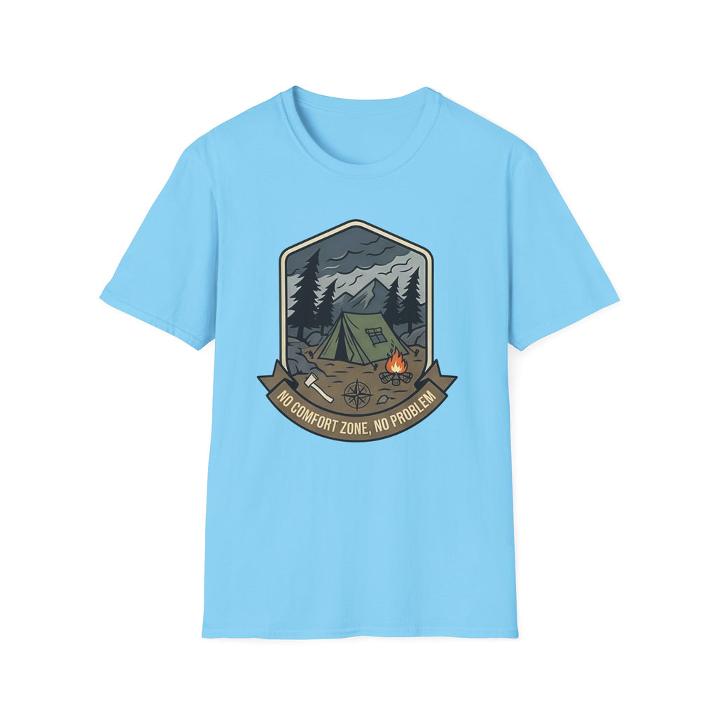 Camping Badge tent and campfire graphic T-Shirt | outdoors hiking adventure emblem