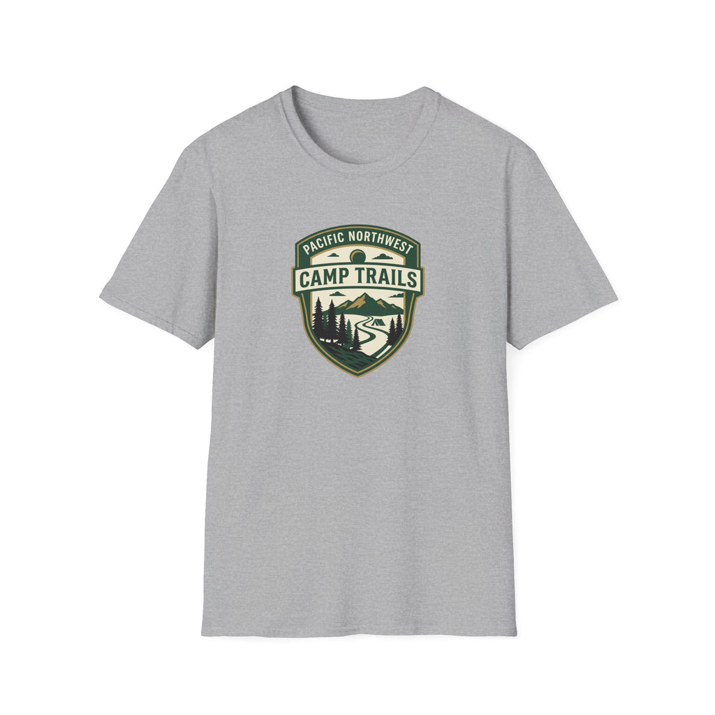Camp Trails badge T-Shirt | Mountain camping logo, forest trail emblem