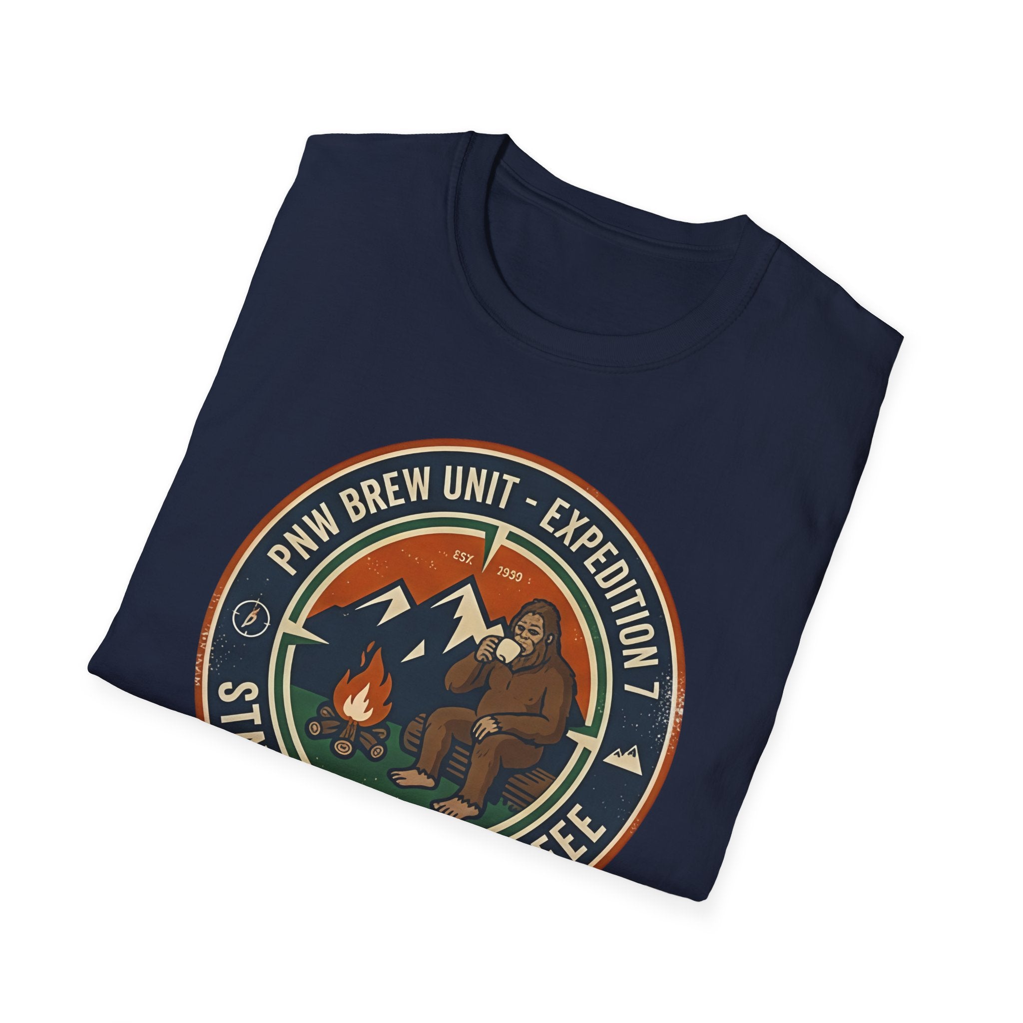 Stayed for the Coffee mountain camping badge T-Shirt | coffee hiking logo