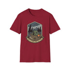 Camping Badge tent and campfire graphic T-Shirt | outdoors hiking adventure emblem