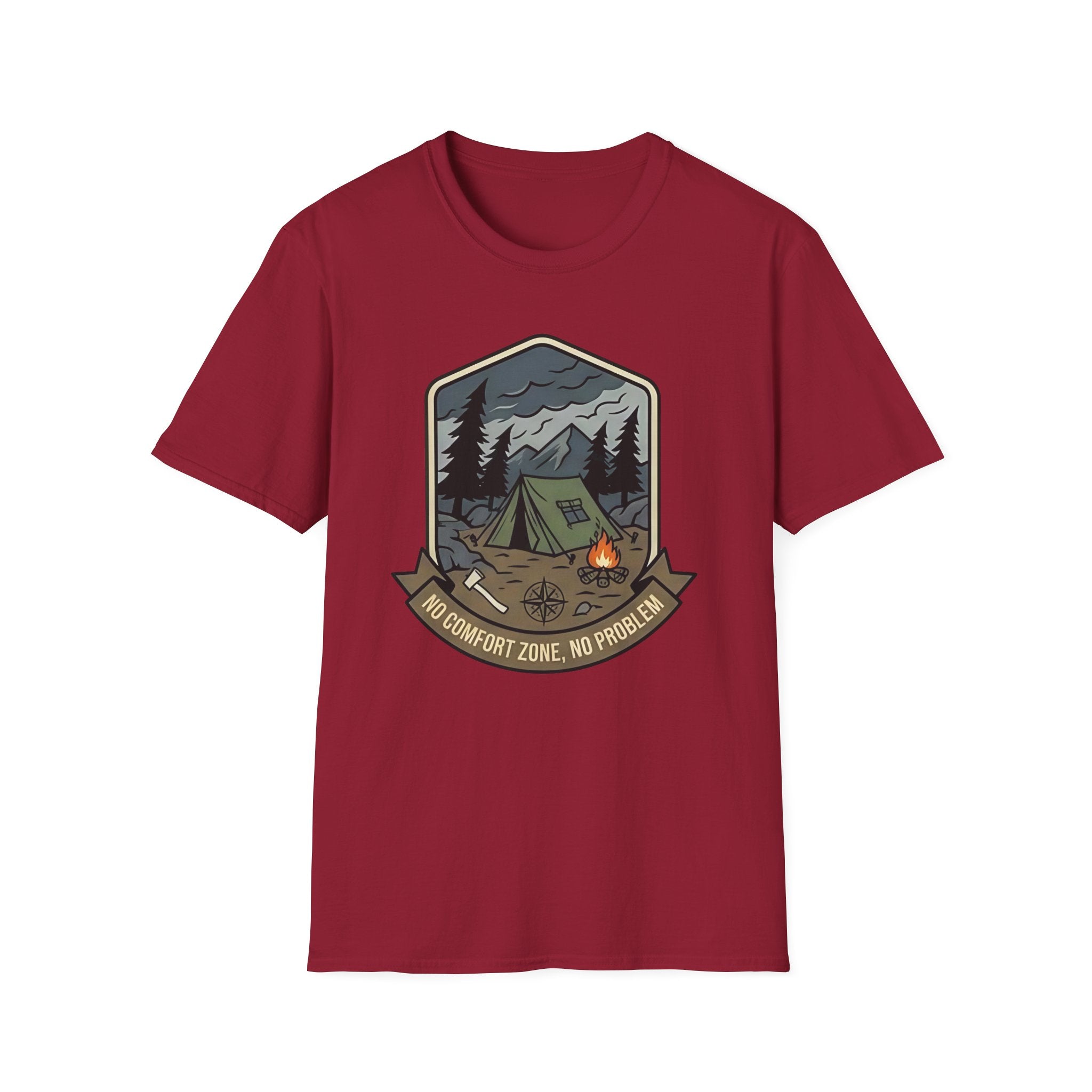 Camping Badge tent and campfire graphic T-Shirt | outdoors hiking adventure emblem