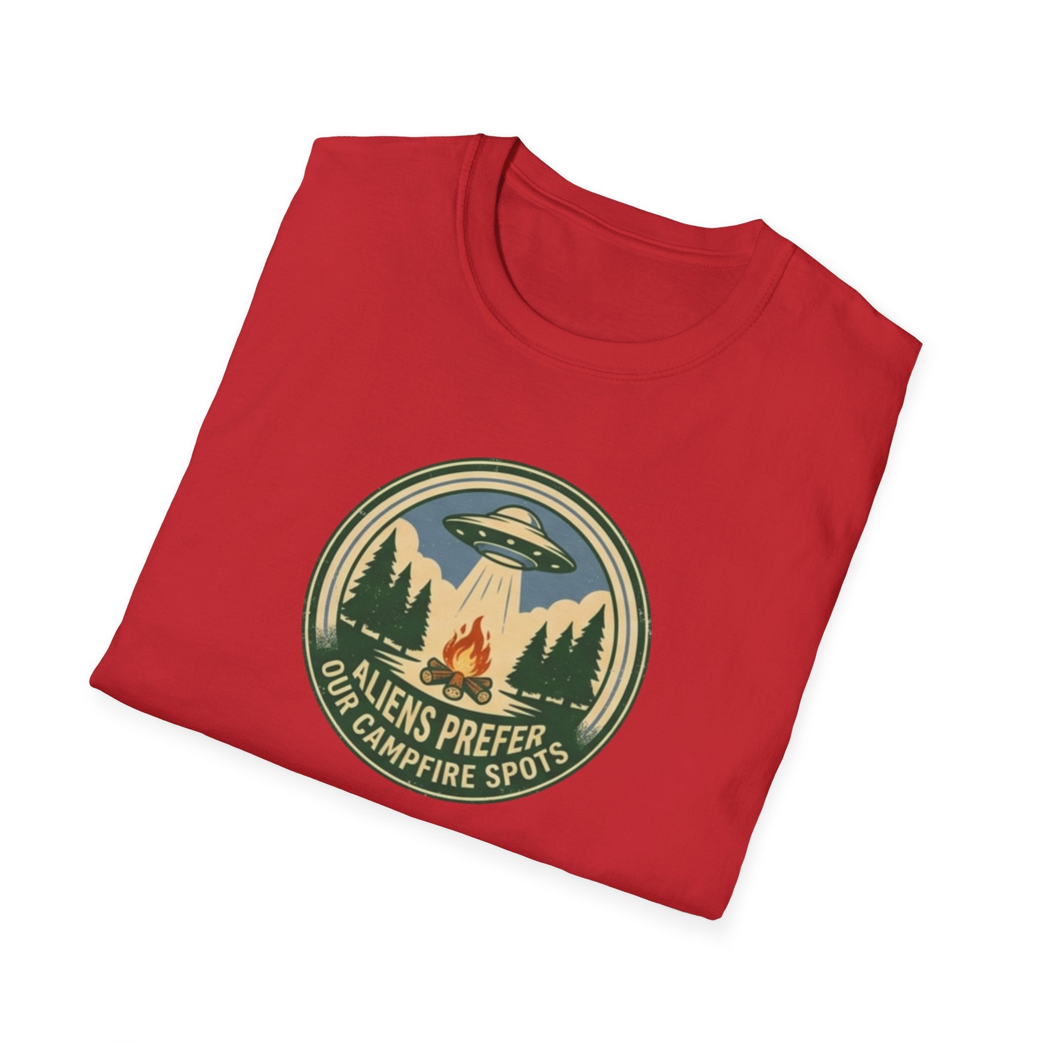 Aliens Prefer Our Campfire Spots T-Shirt | UFO Camping Badge Graphic