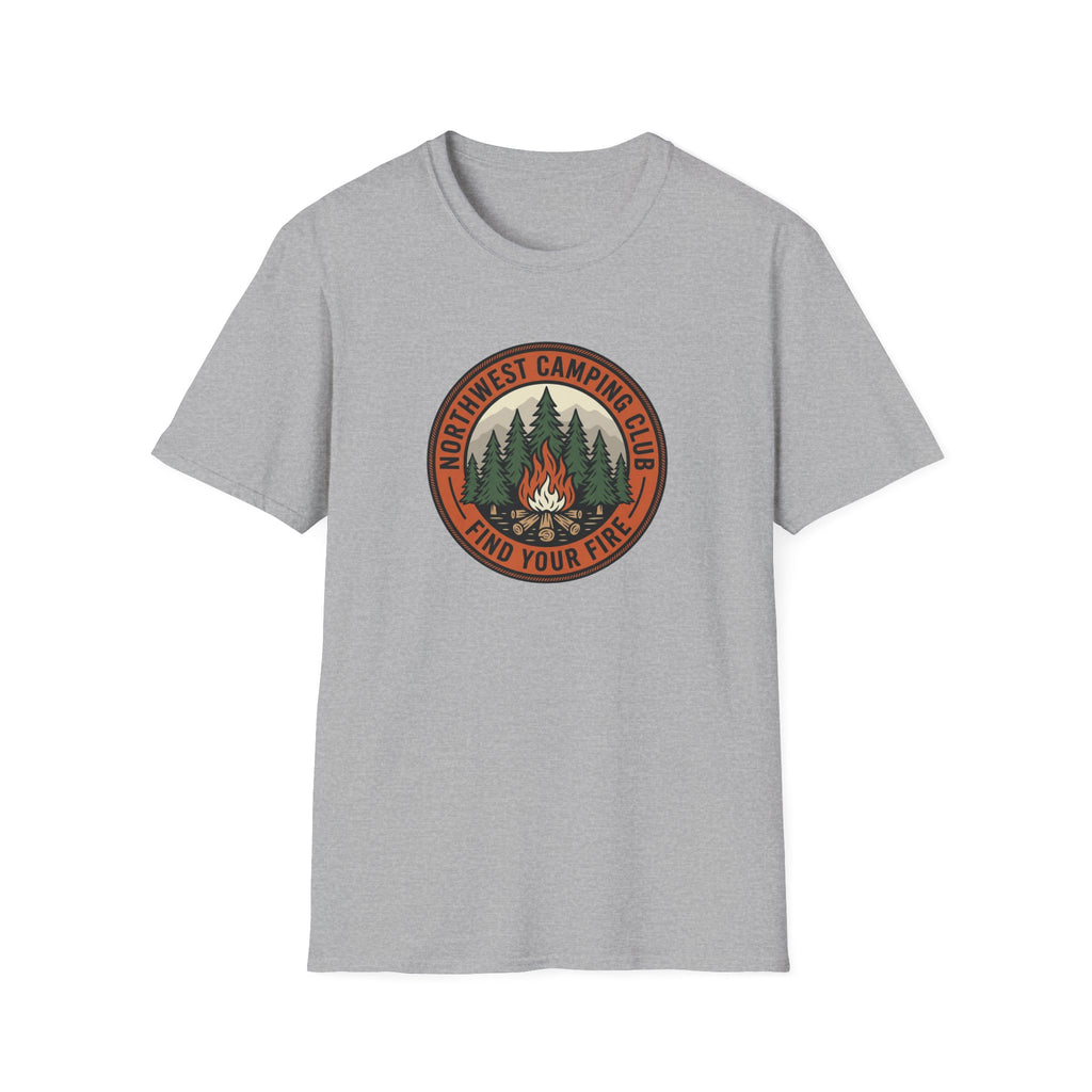 Northwest Camping Club Find Your Fire T-Shirt | Campfire Trees Outdoor Badge Shirt