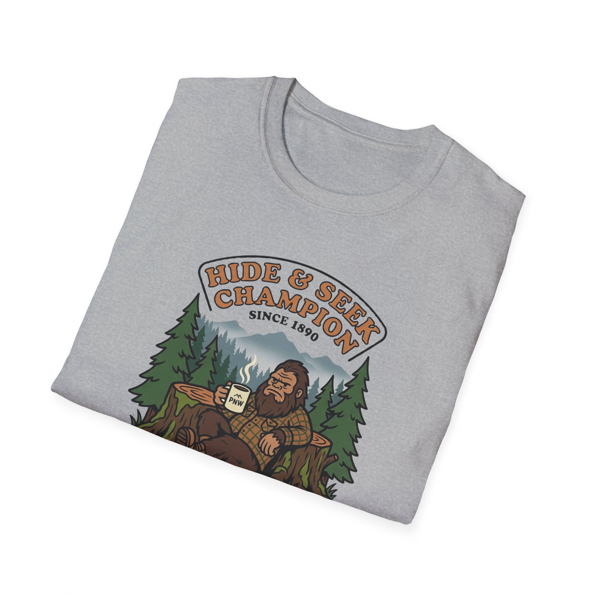 Sasquatch Hide & Seek Champion T-Shirt | Powered by Coffee, Bigfoot Design