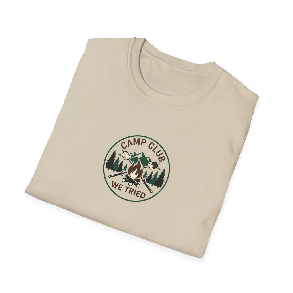 Camp Club We Tried T-Shirt | Camping Badge, Mountains & Pine Trees