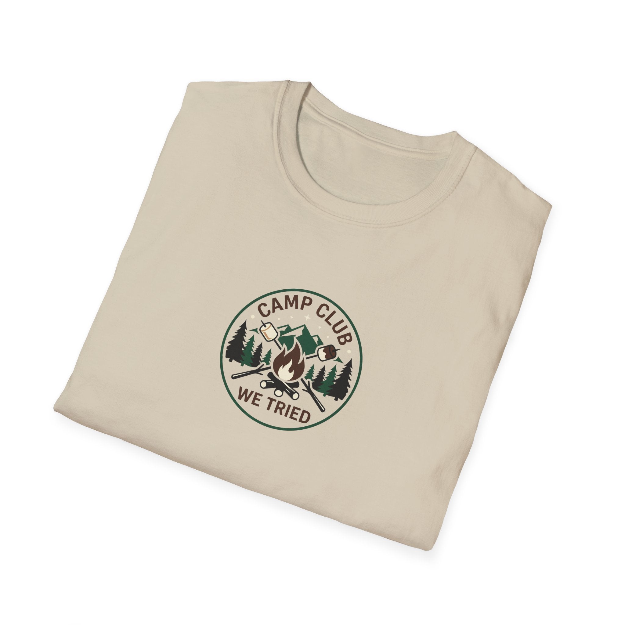 Camp Club We Tried T-Shirt | Camping Badge, Mountains & Pine Trees