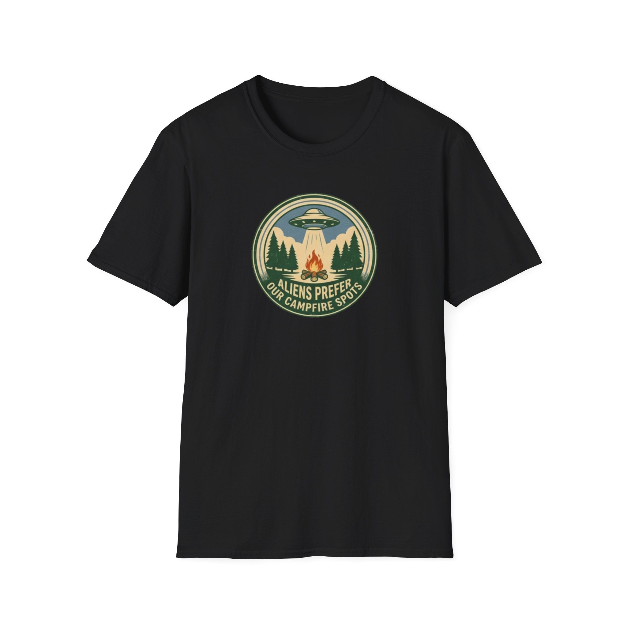 Aliens Prefer Our Campfire Spots T-Shirt | UFO Camping Badge Graphic