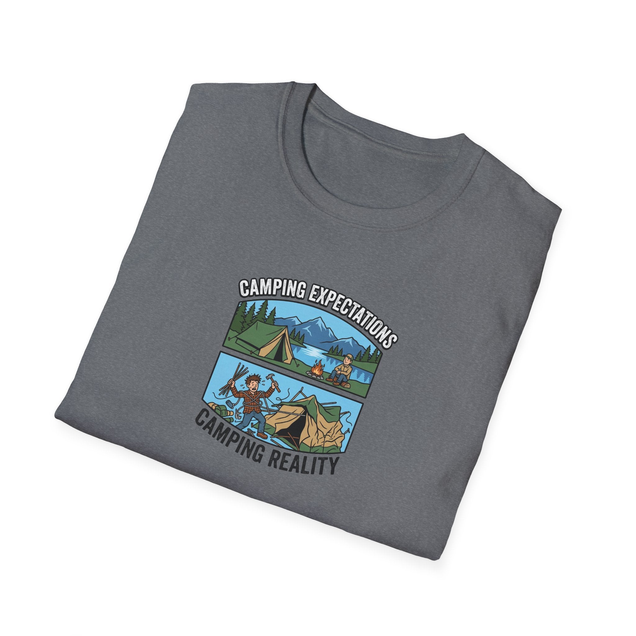 Camping Reality T-Shirt | Scenic Tent, Lake, Mountains Outdoor Adventure
