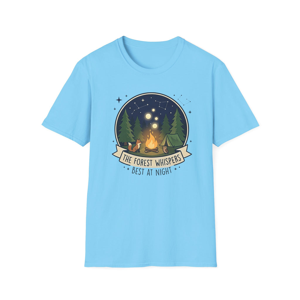 The Forest Whispers campfire scene T-Shirt | nighttime woods illustration