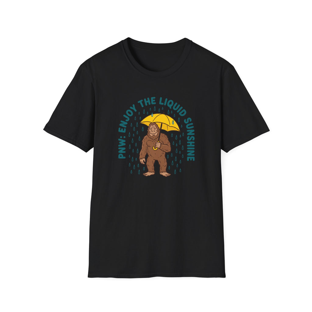 PNW Enjoy the Liquid Sunshine Bigfoot T-Shirt | Rain Umbrella Illustration