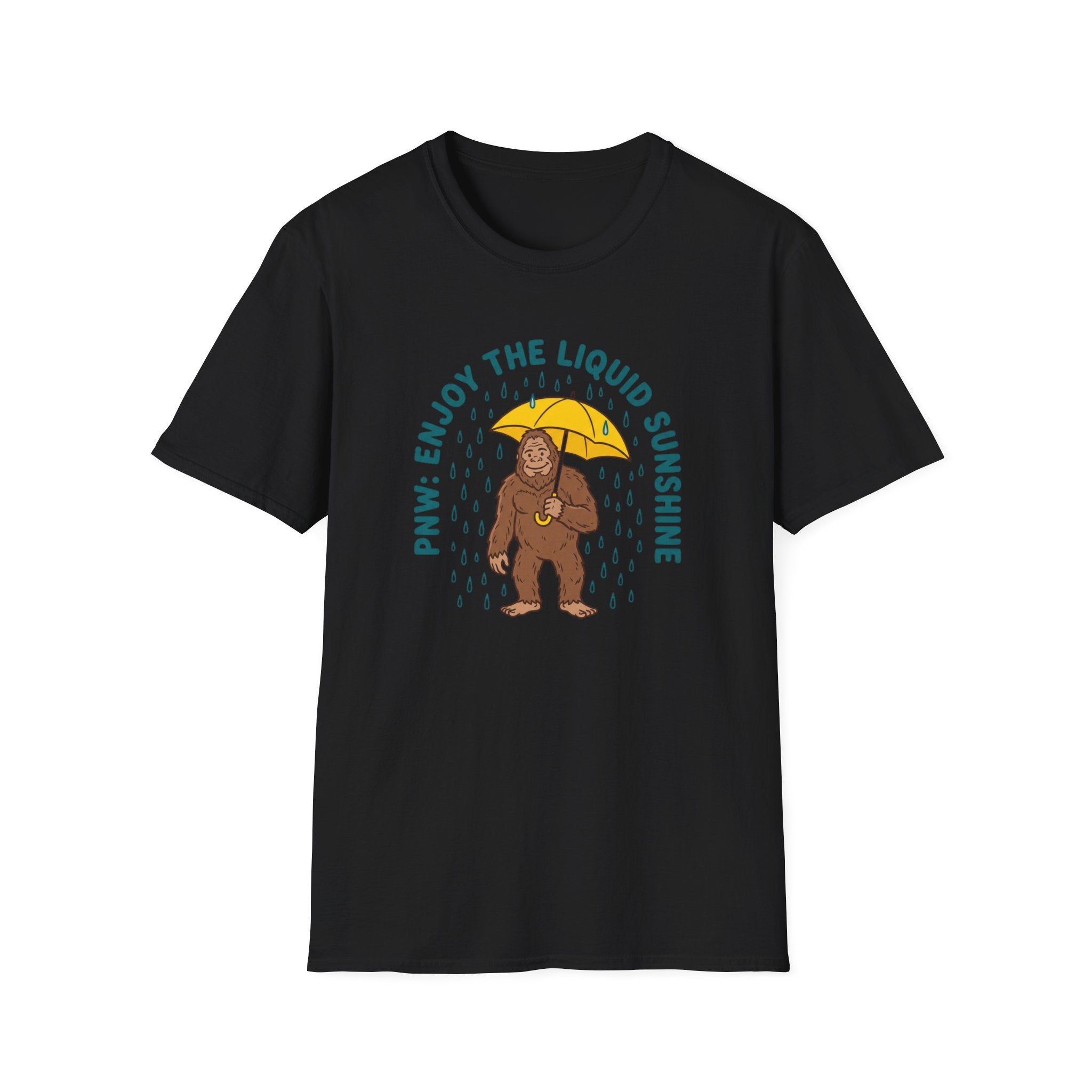 PNW Enjoy the Liquid Sunshine Bigfoot T-Shirt | Rain Umbrella Illustration