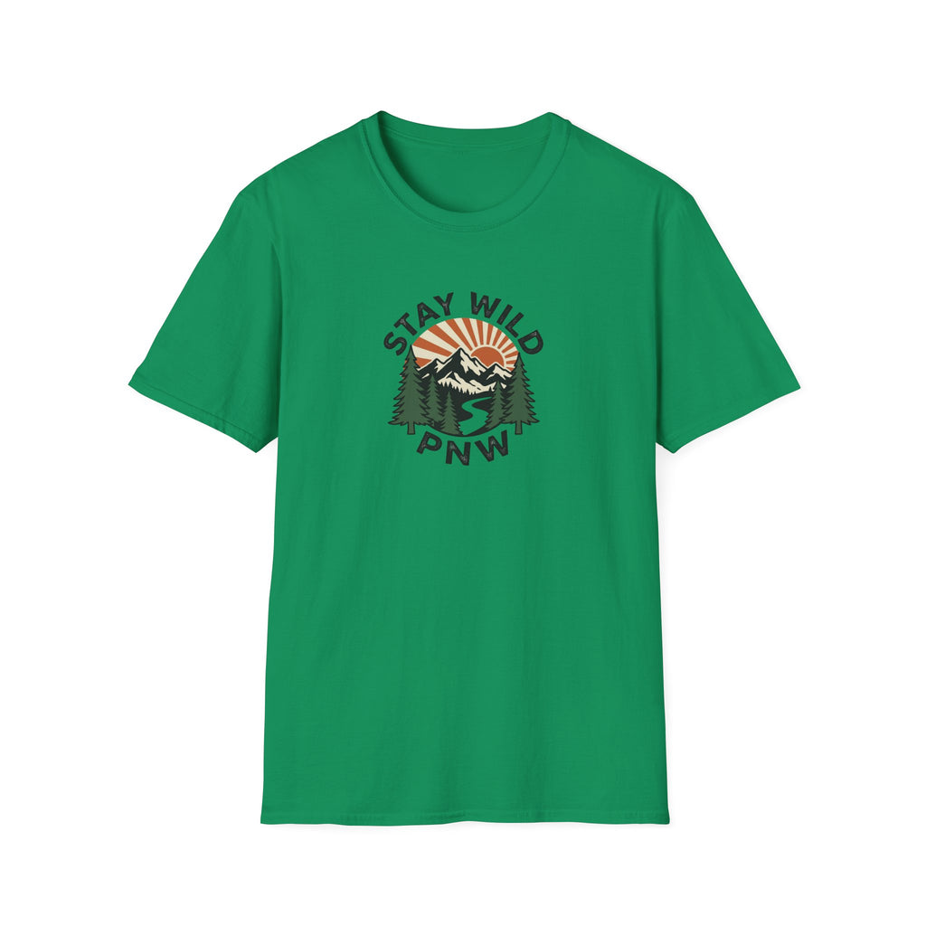 Stay Wild PNW T-Shirt | Mountain Sunset, Pine Trees, River Road