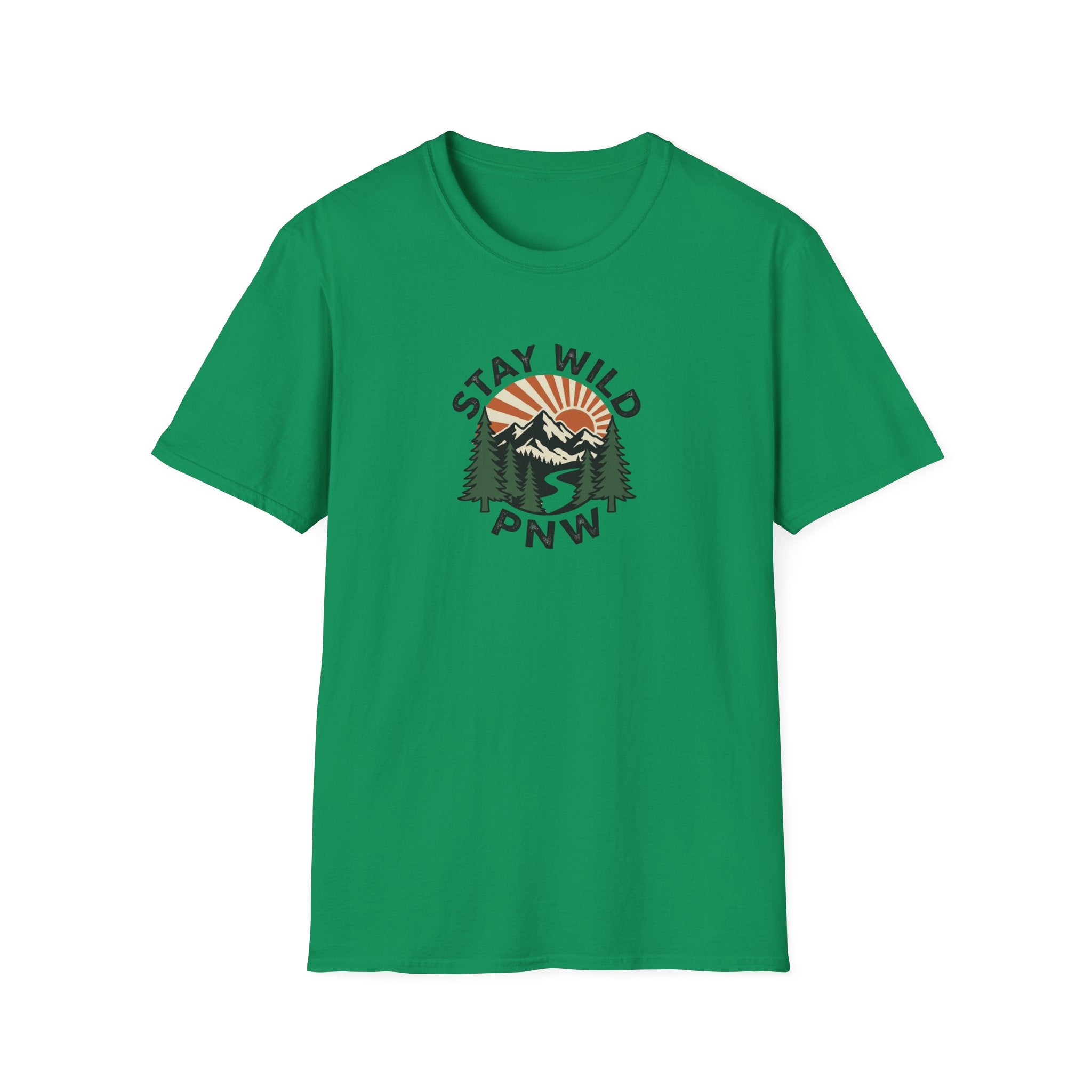 Stay Wild PNW T-Shirt | Mountain Sunset, Pine Trees, River Road