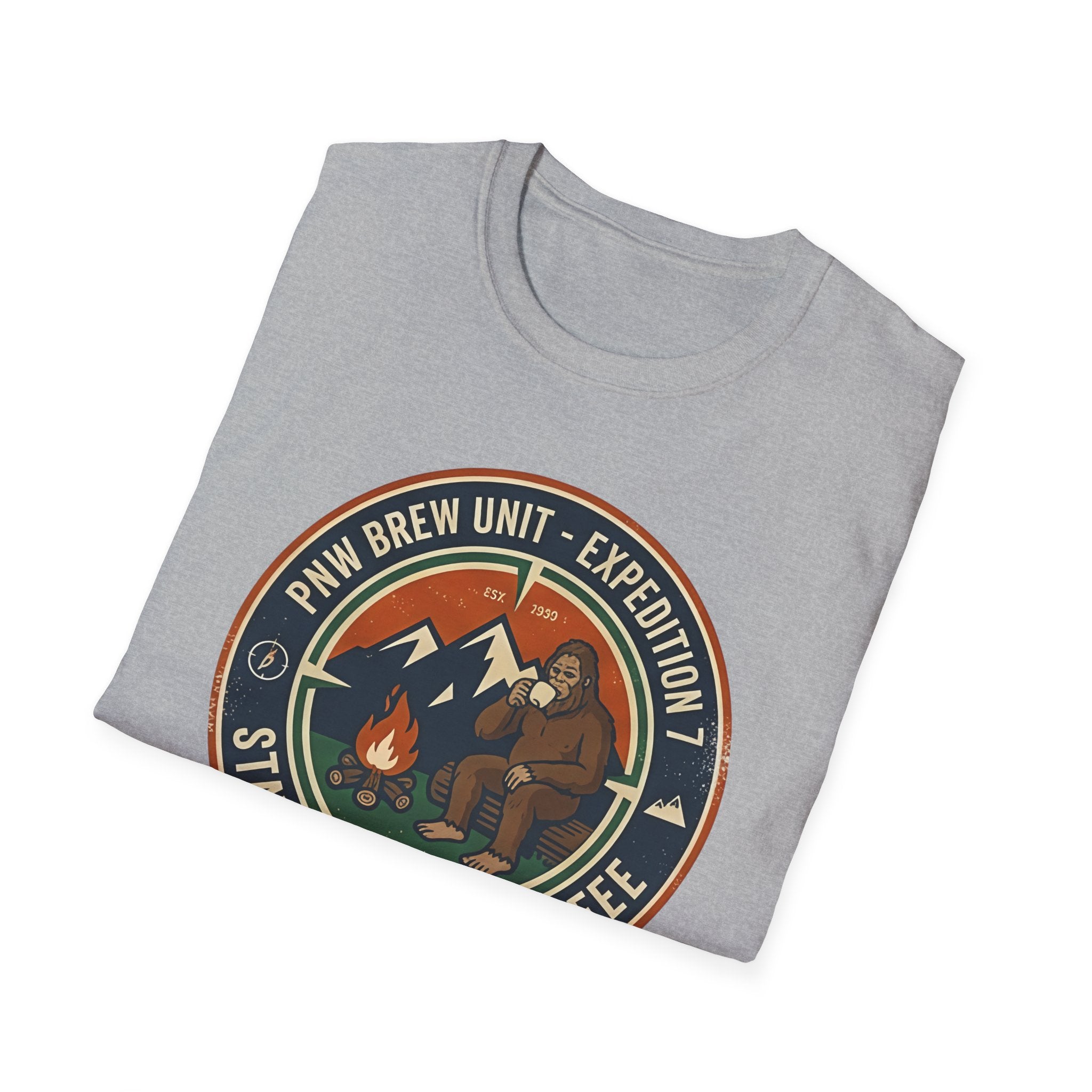 Stayed for the Coffee mountain camping badge T-Shirt | coffee hiking logo