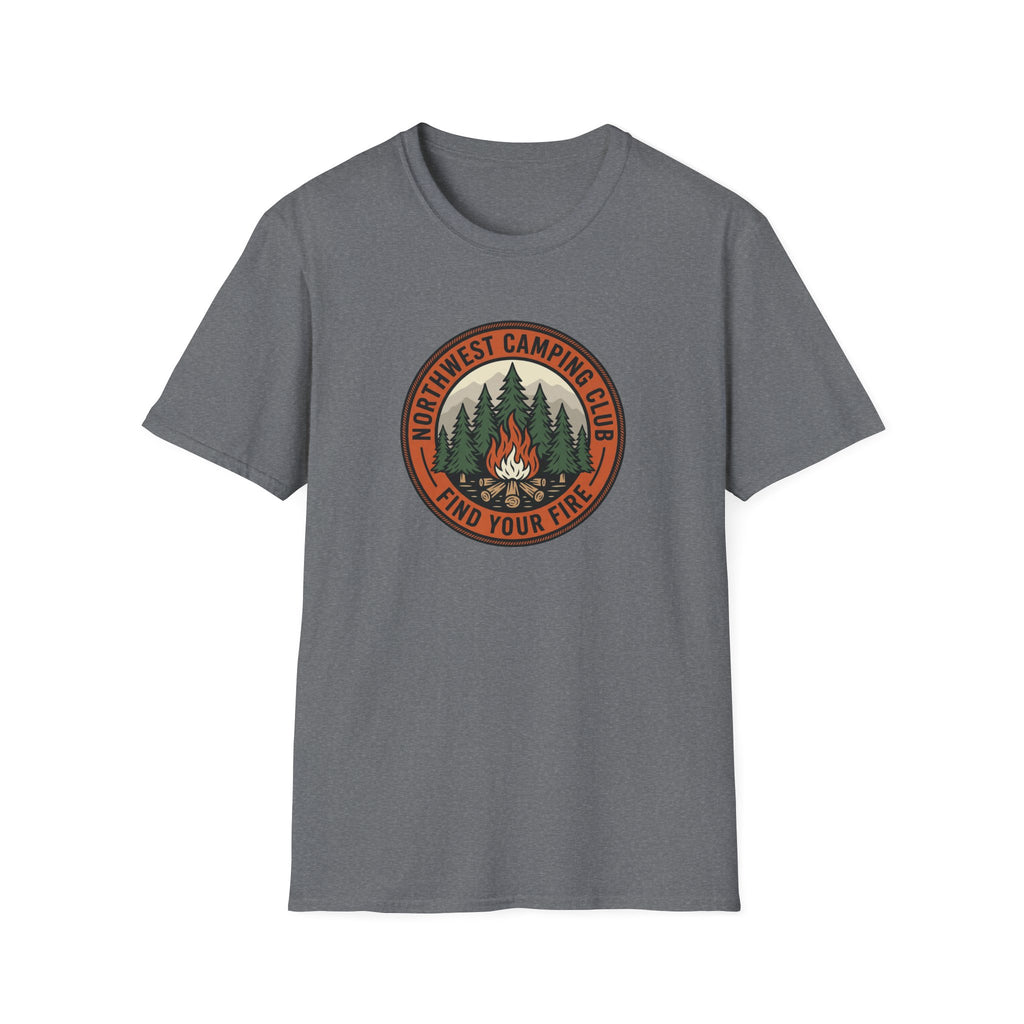 Northwest Camping Club Find Your Fire T-Shirt | Campfire Trees Outdoor Badge Shirt