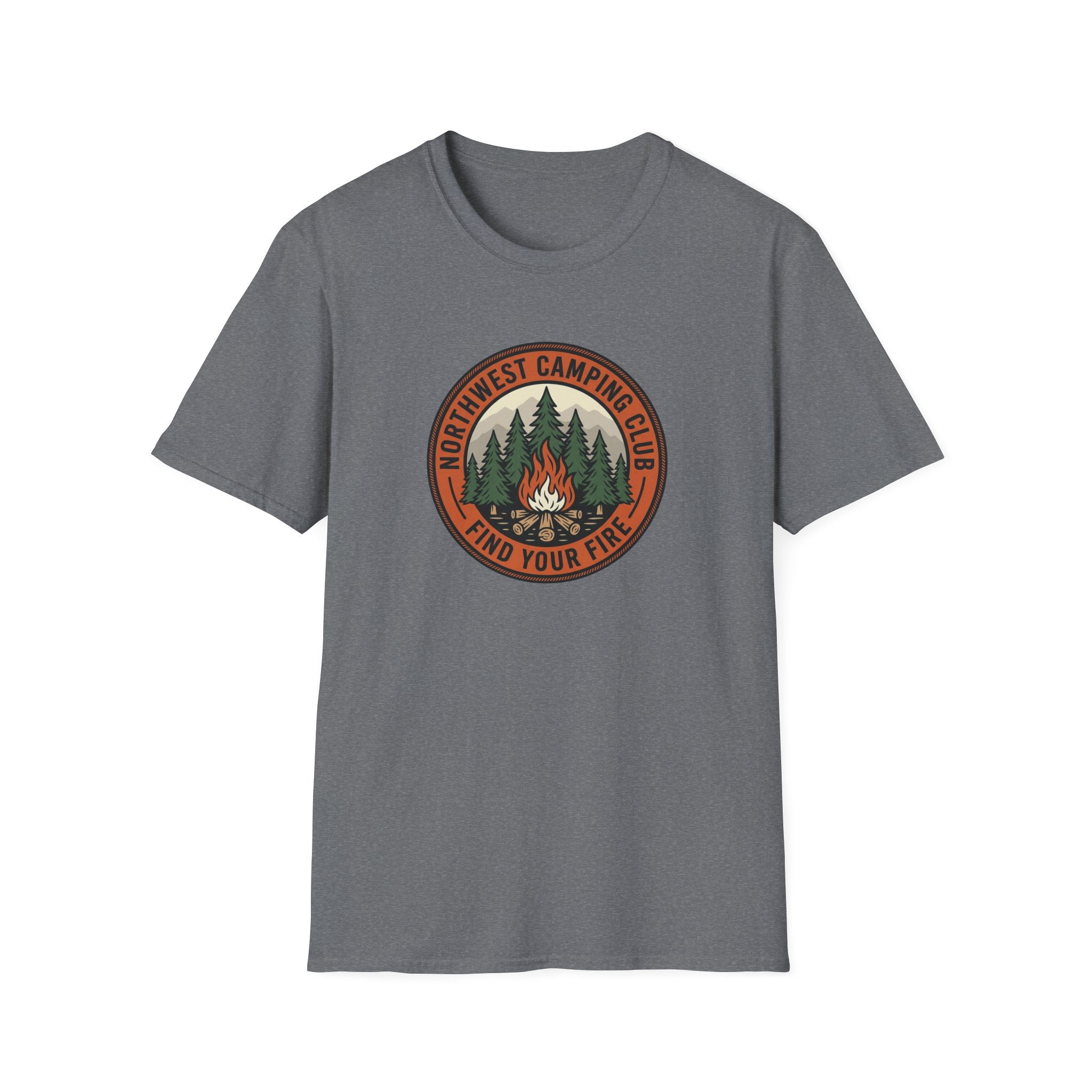 Northwest Camping Club Find Your Fire T-Shirt | Campfire Trees Outdoor Badge Shirt
