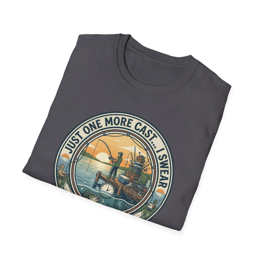 Just One More Cast Fishing T-Shirt | Retro Sunset Angler Design