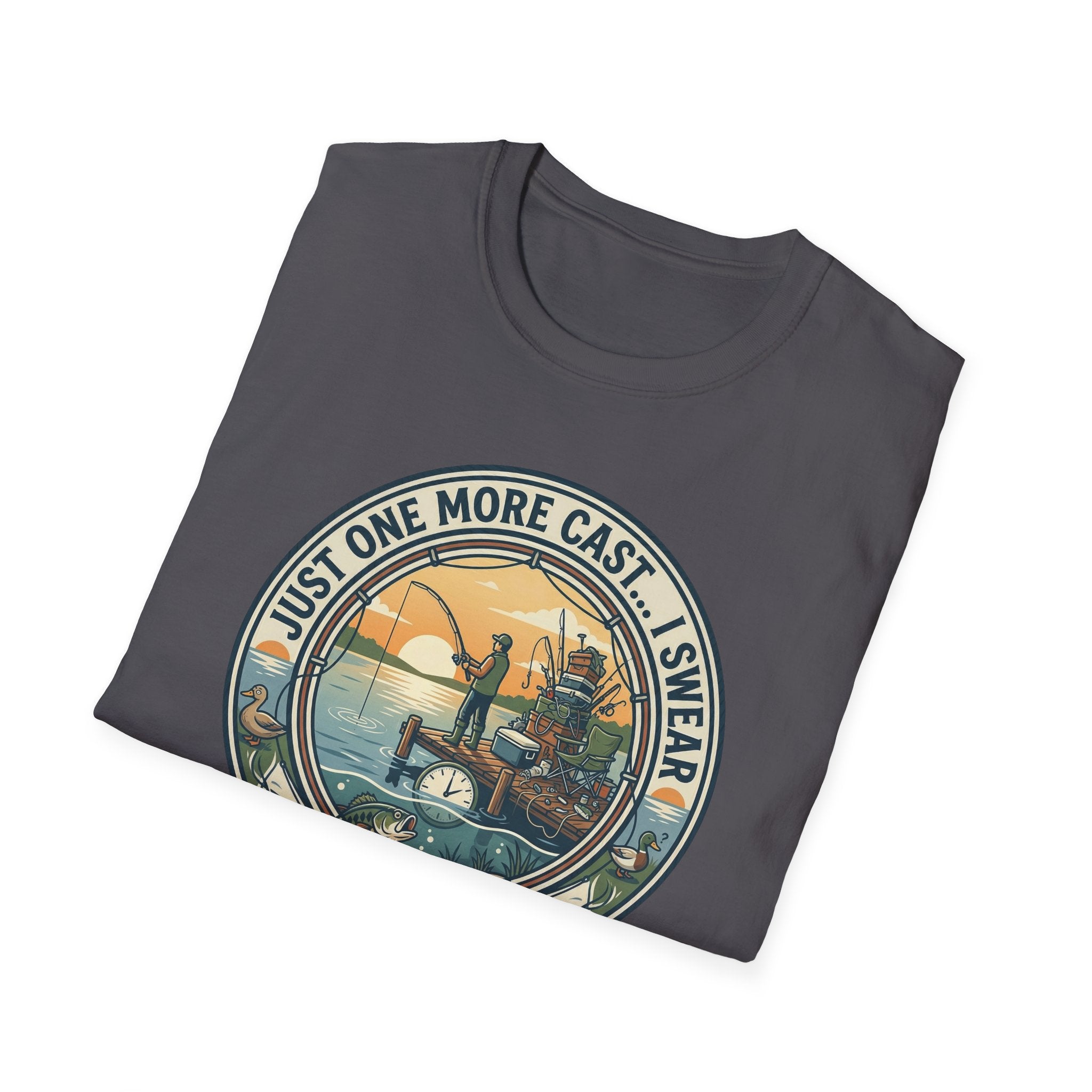Just One More Cast Fishing T-Shirt | Retro Sunset Angler Design