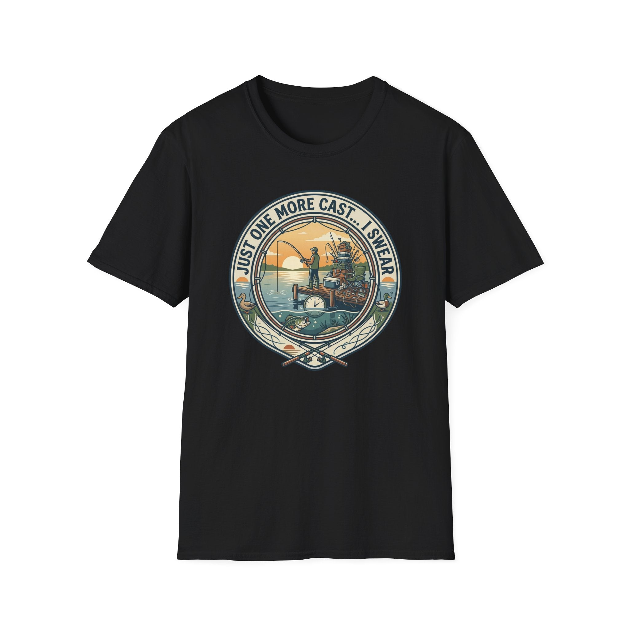 Just One More Cast Fishing T-Shirt | Retro Sunset Angler Design
