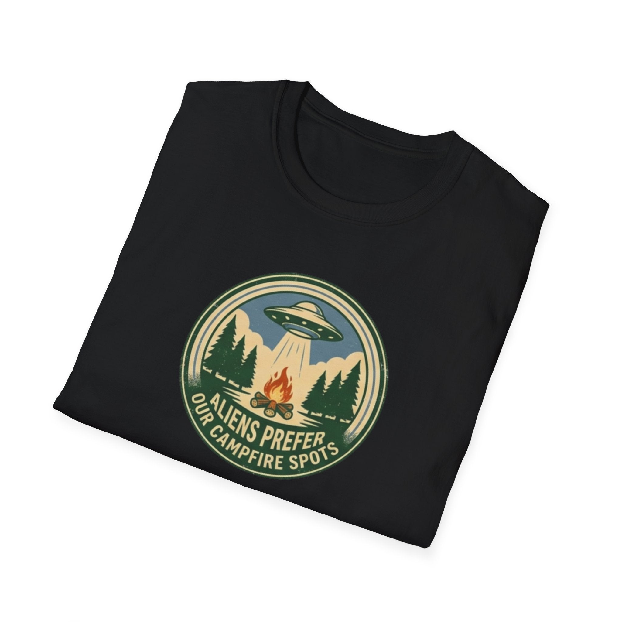 Aliens Prefer Our Campfire Spots T-Shirt | UFO Camping Badge Graphic