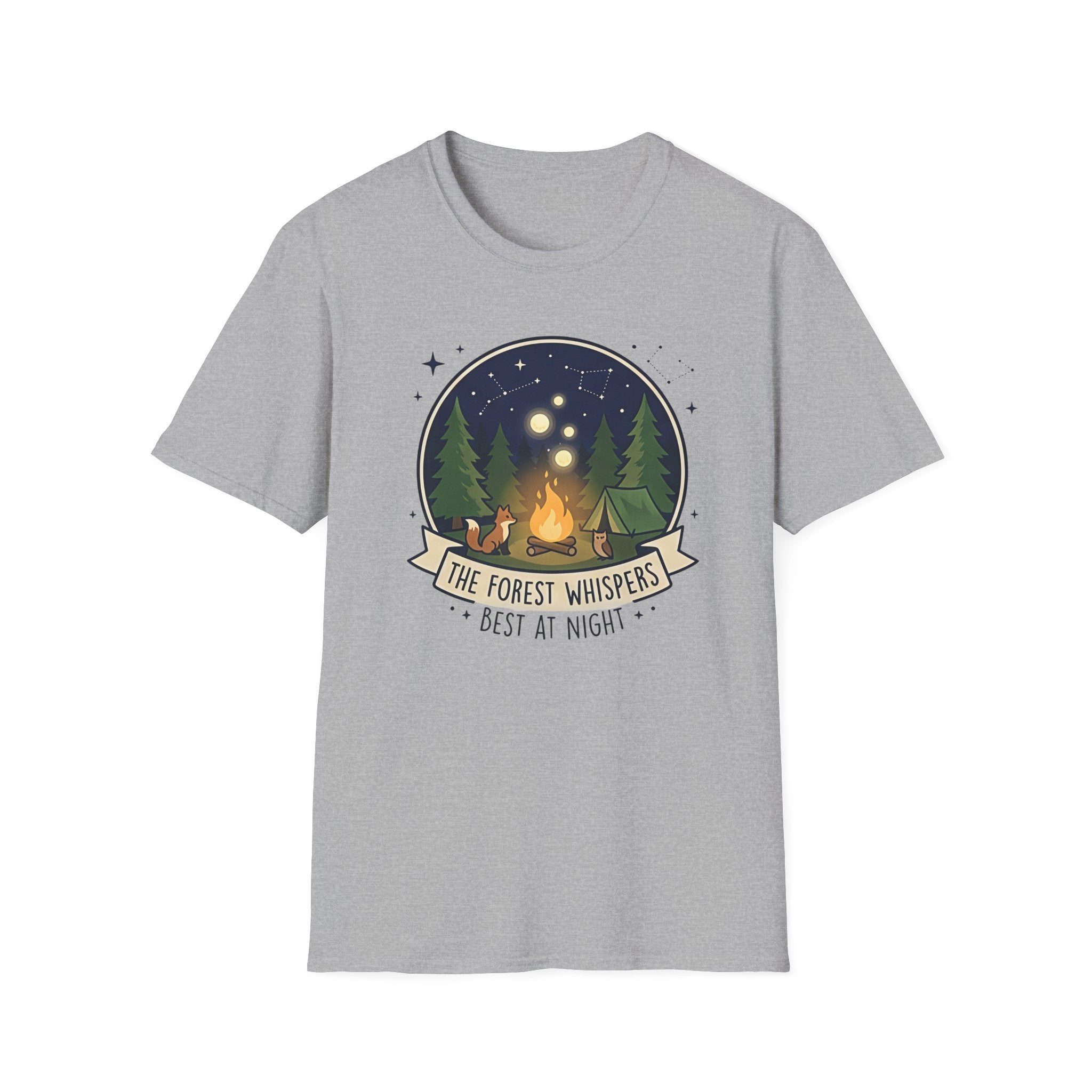 The Forest Whispers campfire scene T-Shirt | nighttime woods illustration