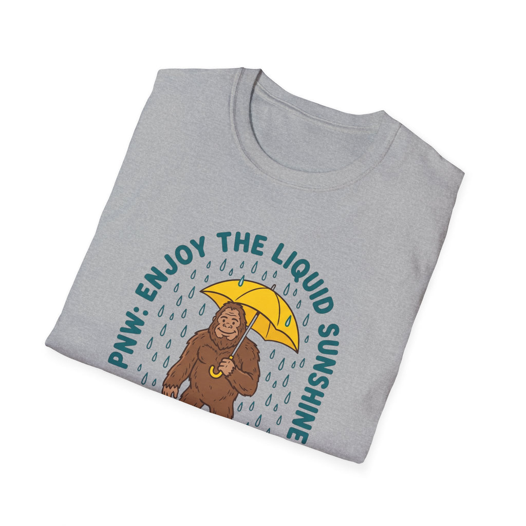 PNW Enjoy the Liquid Sunshine Bigfoot T-Shirt | Rain Umbrella Illustration