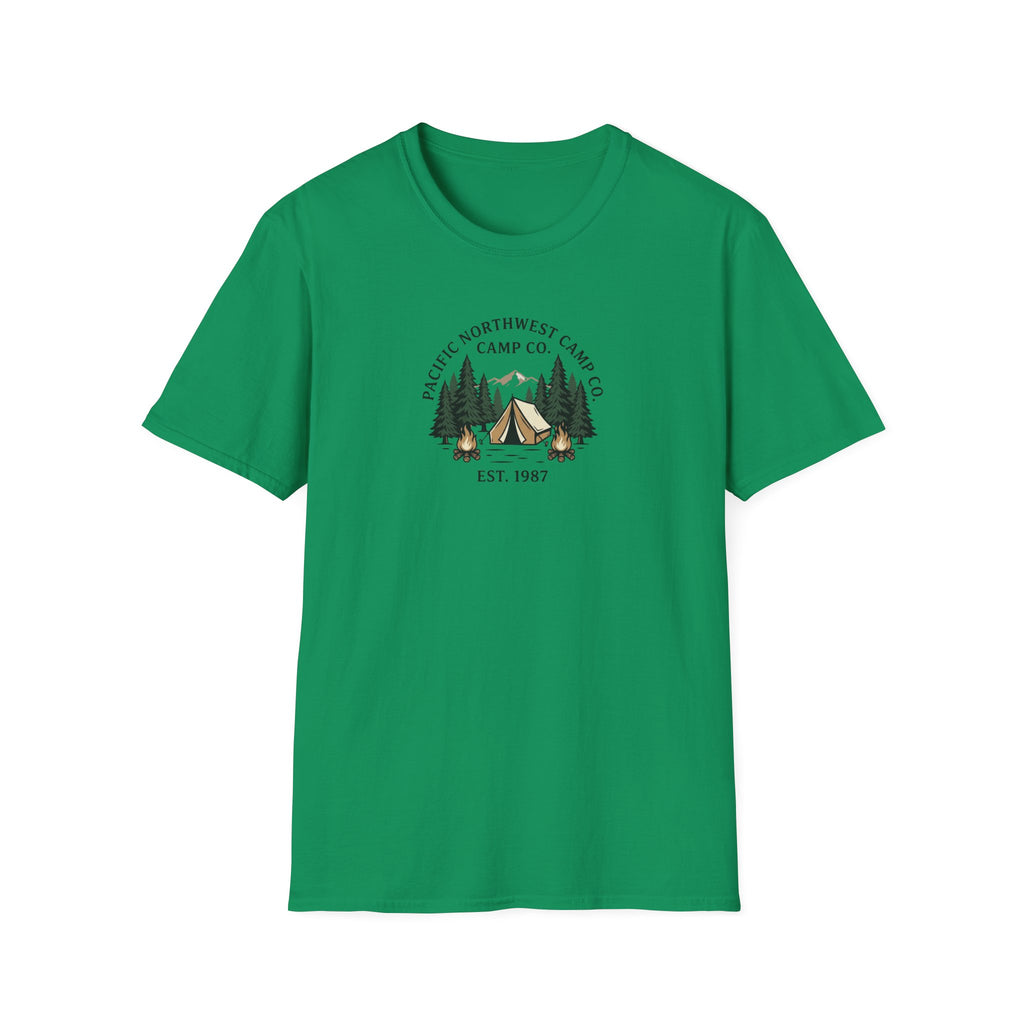 Campwood Trees Tent Graphic T-Shirt | Mountain Camping Logo, EST 1987