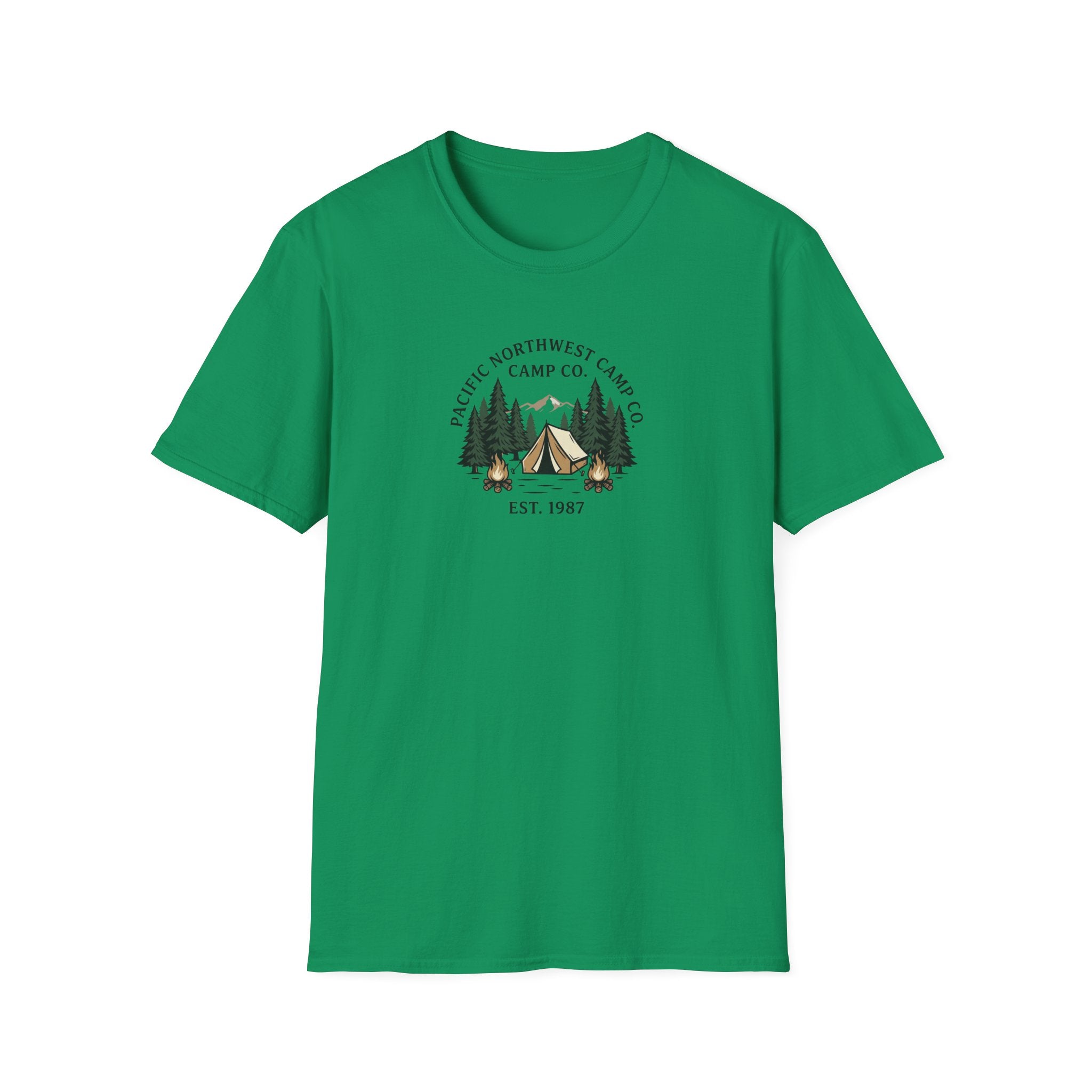 Campwood Trees Tent Graphic T-Shirt | Mountain Camping Logo, EST 1987