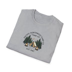Campwood Trees Tent Graphic T-Shirt | Mountain Camping Logo, EST 1987