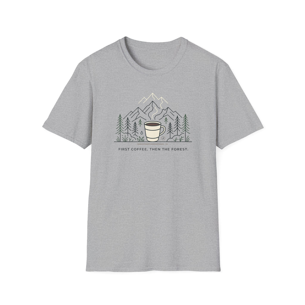Coffee Cup in Pines T-Shirt | mountain camp mug, minimalist outdoors design