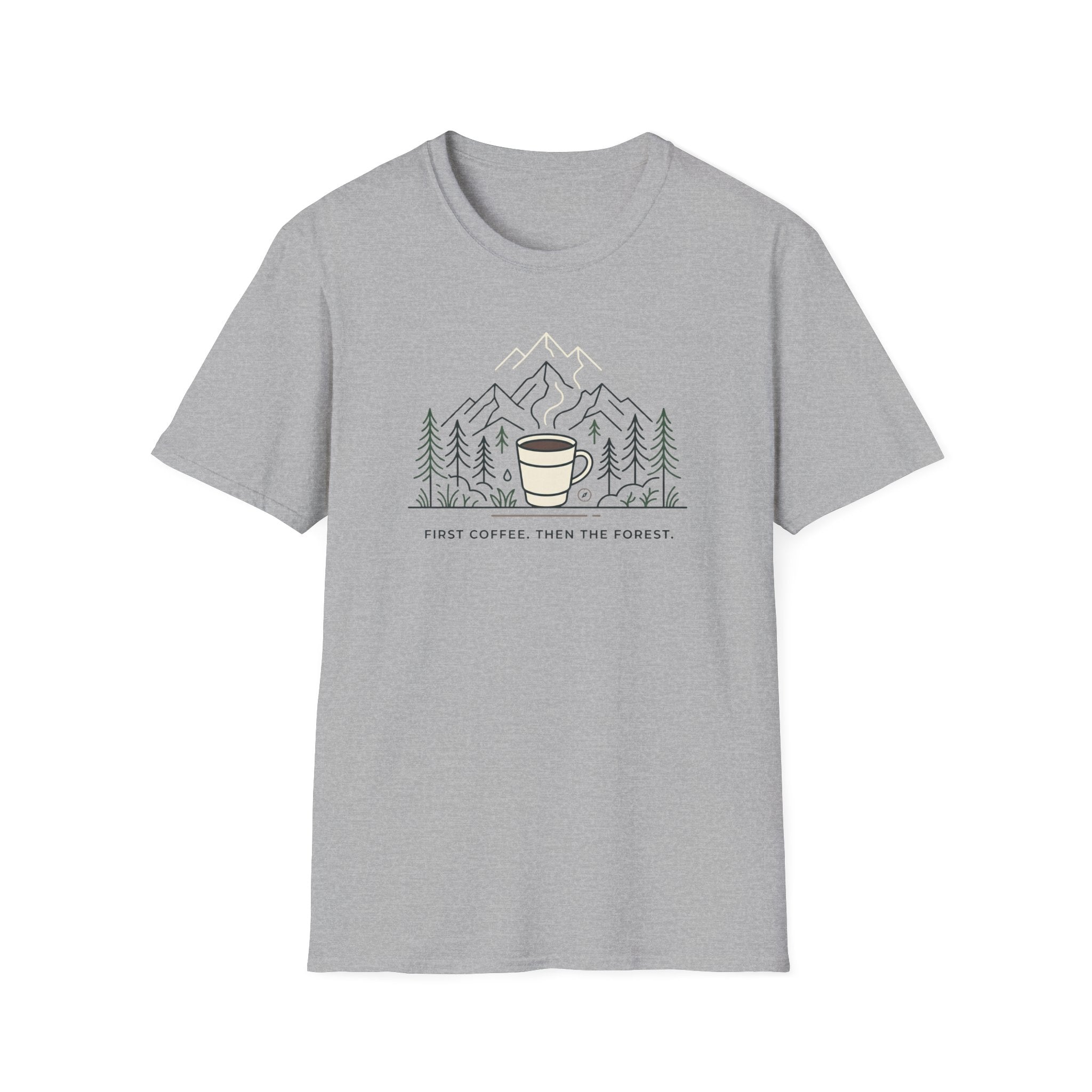 Coffee Cup in Pines T-Shirt | mountain camp mug, minimalist outdoors design