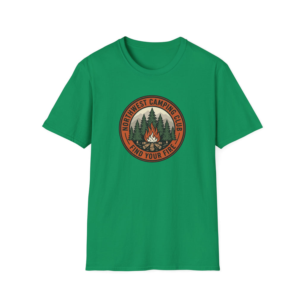 Northwest Camping Club Find Your Fire T-Shirt | Campfire Trees Outdoor Badge Shirt