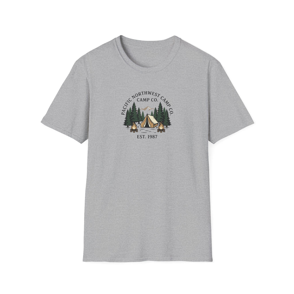 Campwood Trees Tent Graphic T-Shirt | Mountain Camping Logo, EST 1987
