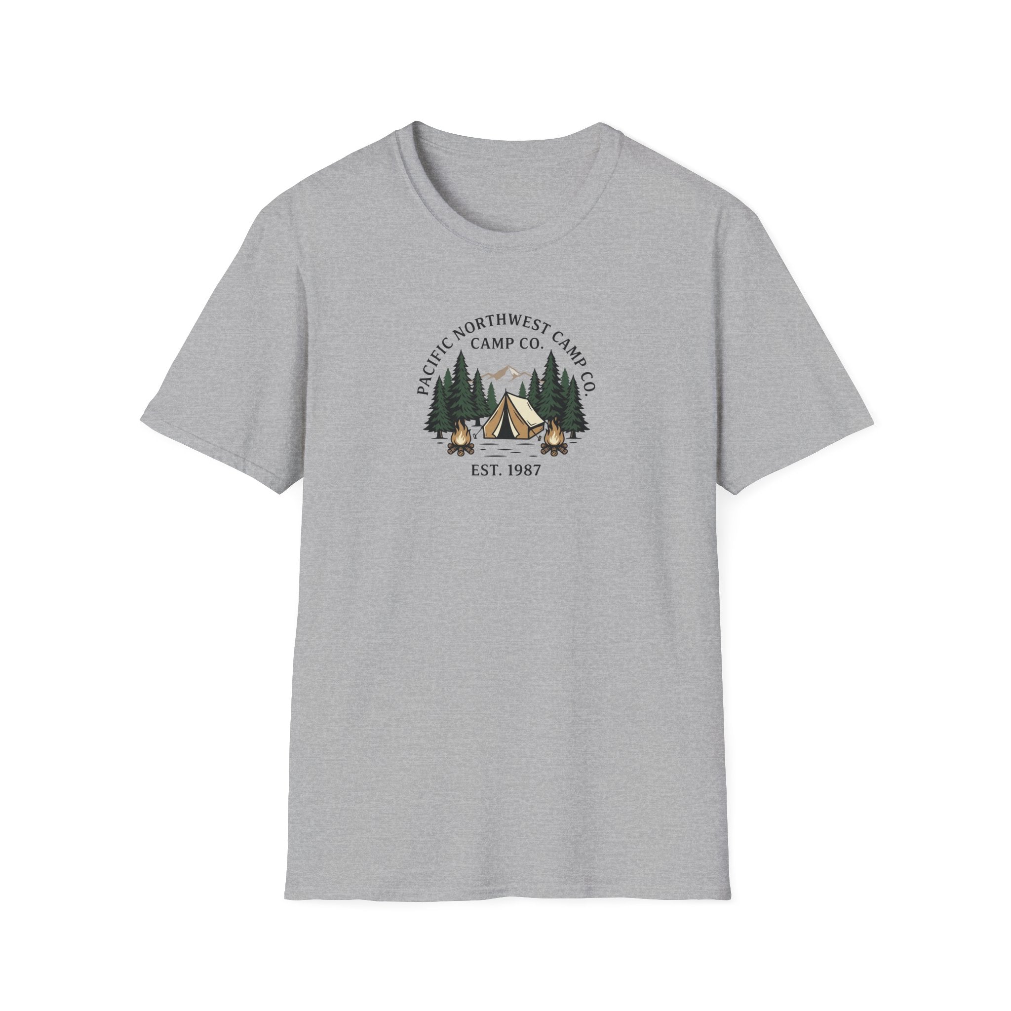 Campwood Trees Tent Graphic T-Shirt | Mountain Camping Logo, EST 1987