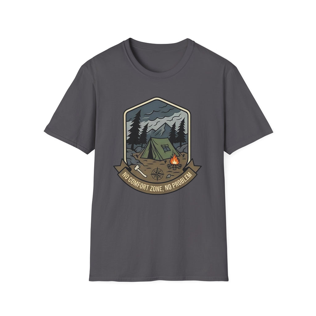 Camping Badge tent and campfire graphic T-Shirt | outdoors hiking adventure emblem