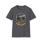 Camping Badge tent and campfire graphic T-Shirt | outdoors hiking adventure emblem