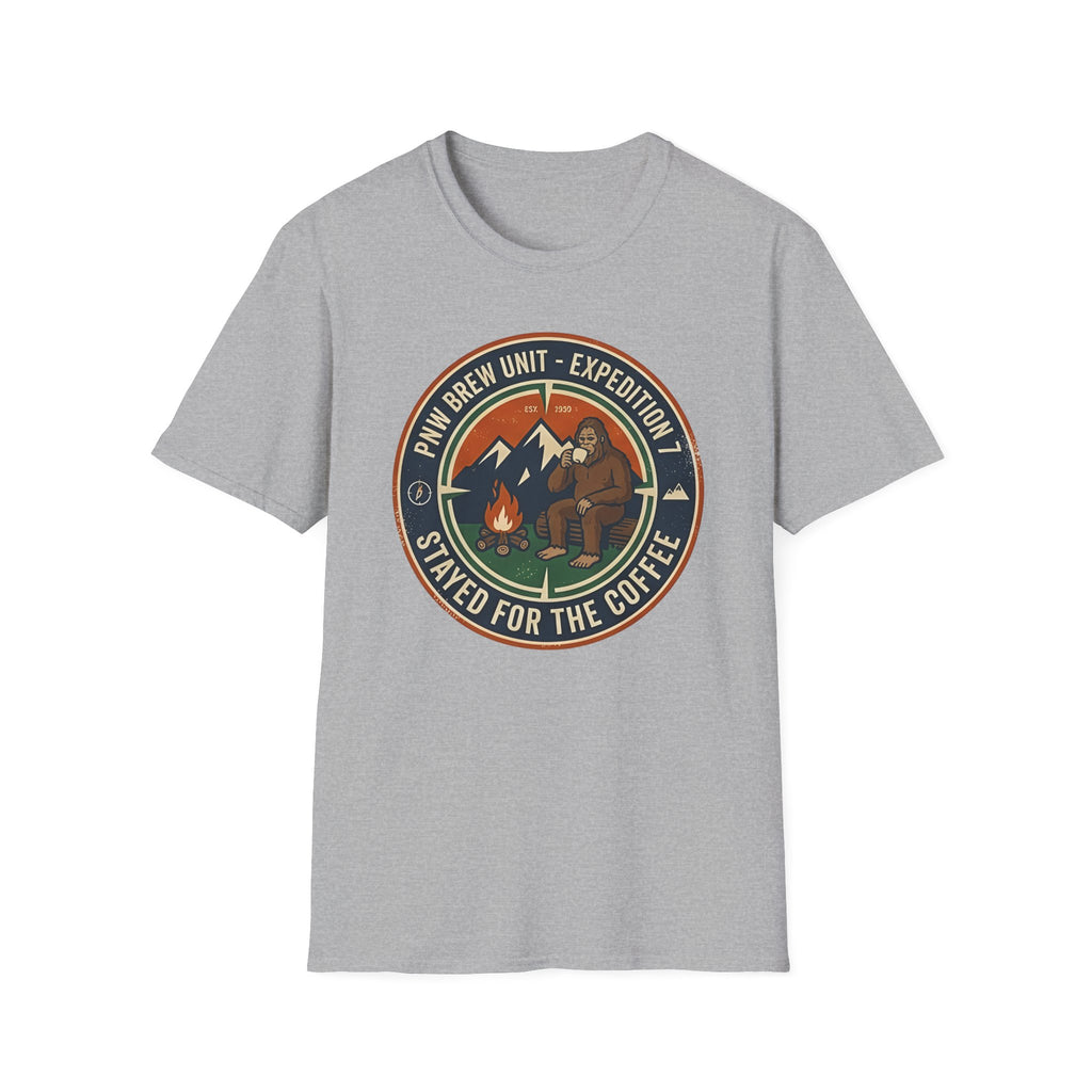 Stayed for the Coffee mountain camping badge T-Shirt | coffee hiking logo