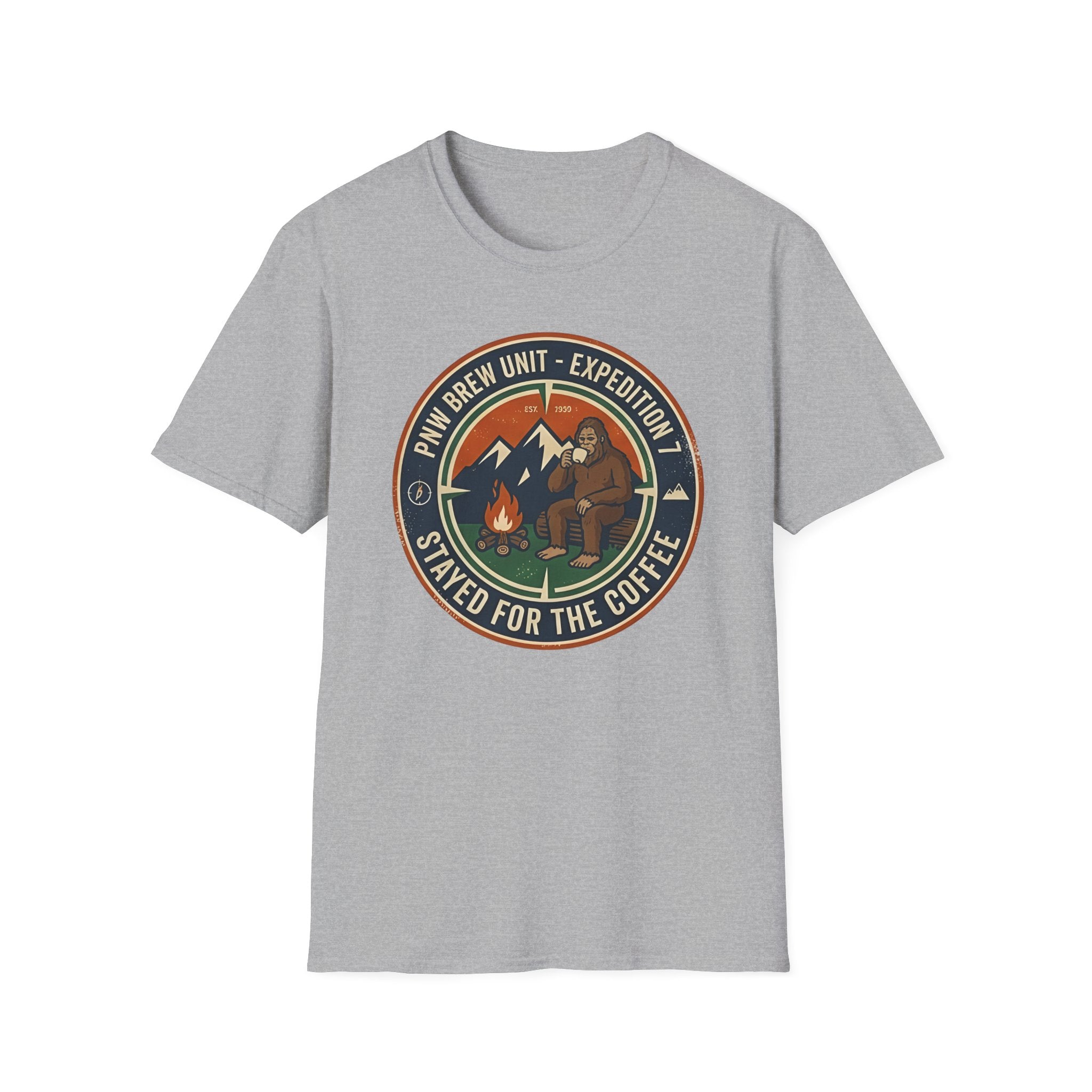 Stayed for the Coffee mountain camping badge T-Shirt | coffee hiking logo