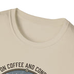 Cozy Camping Coffee Scene T-Shirt | Mountain Mug, Rainy Forest Illustration