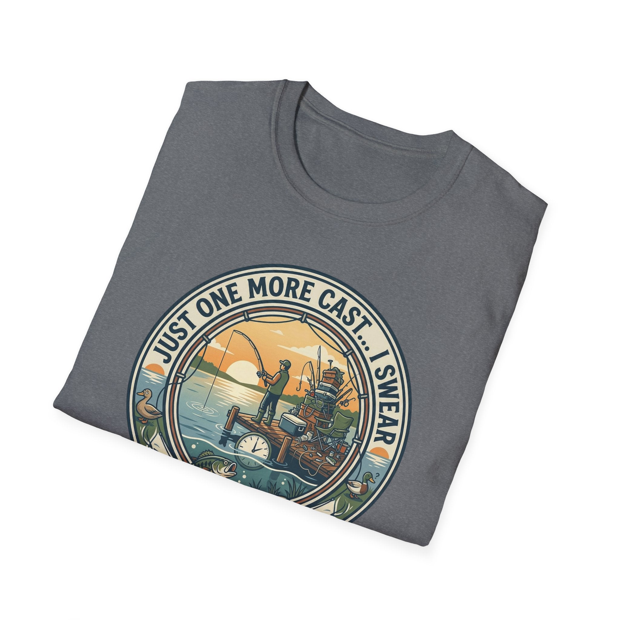 Just One More Cast Fishing T-Shirt | Retro Sunset Angler Design