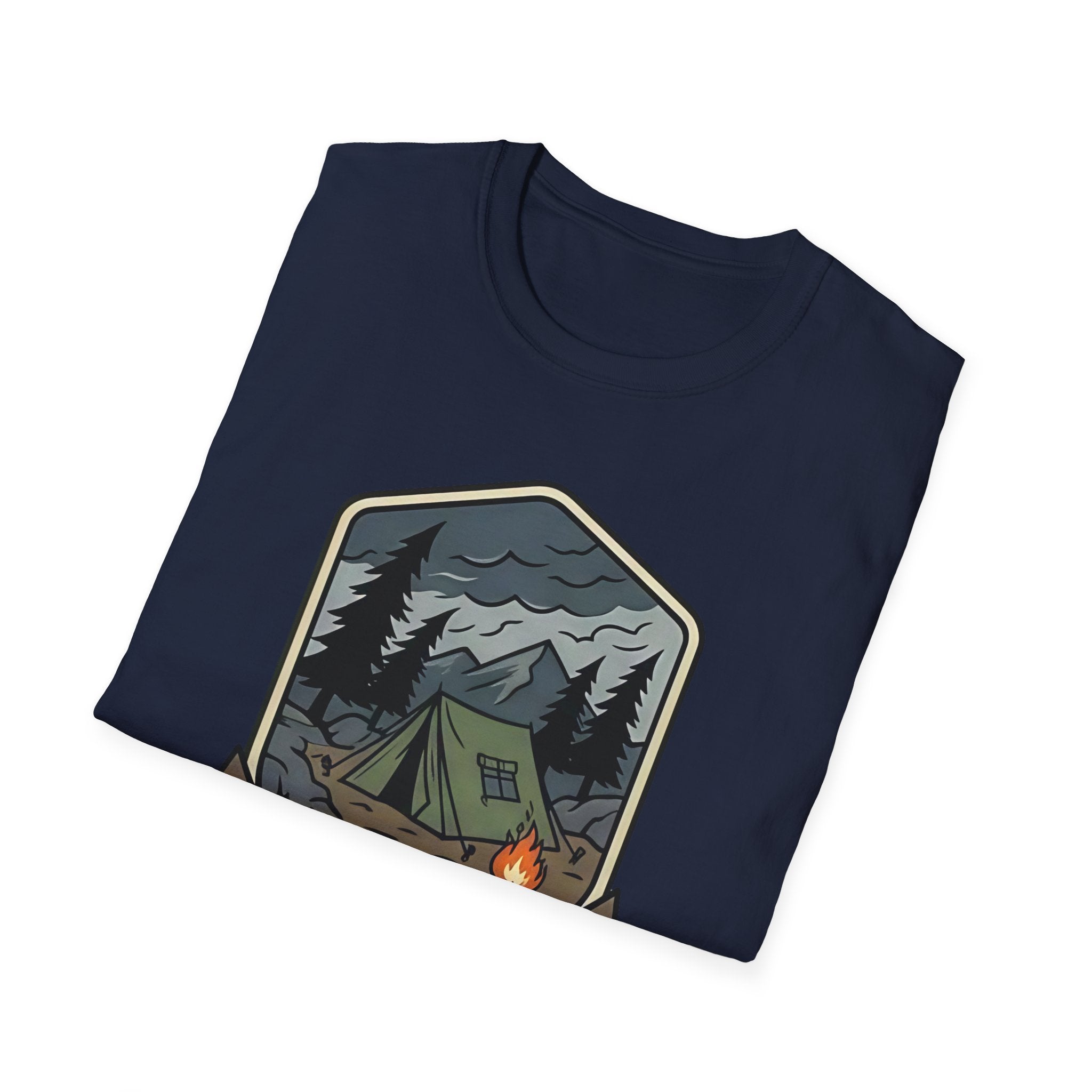 Camping Badge tent and campfire graphic T-Shirt | outdoors hiking adventure emblem