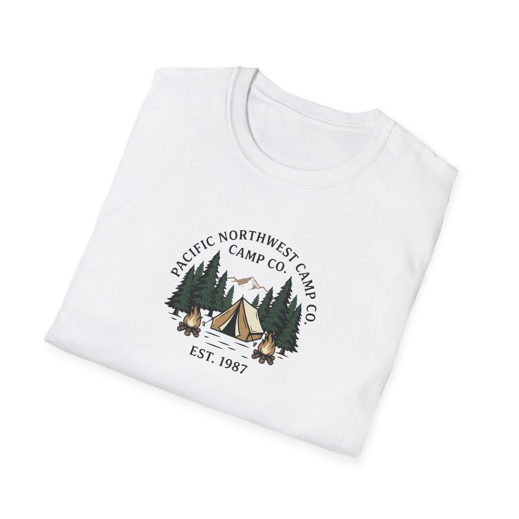 Campwood Trees Tent Graphic T-Shirt | Mountain Camping Logo, EST 1987