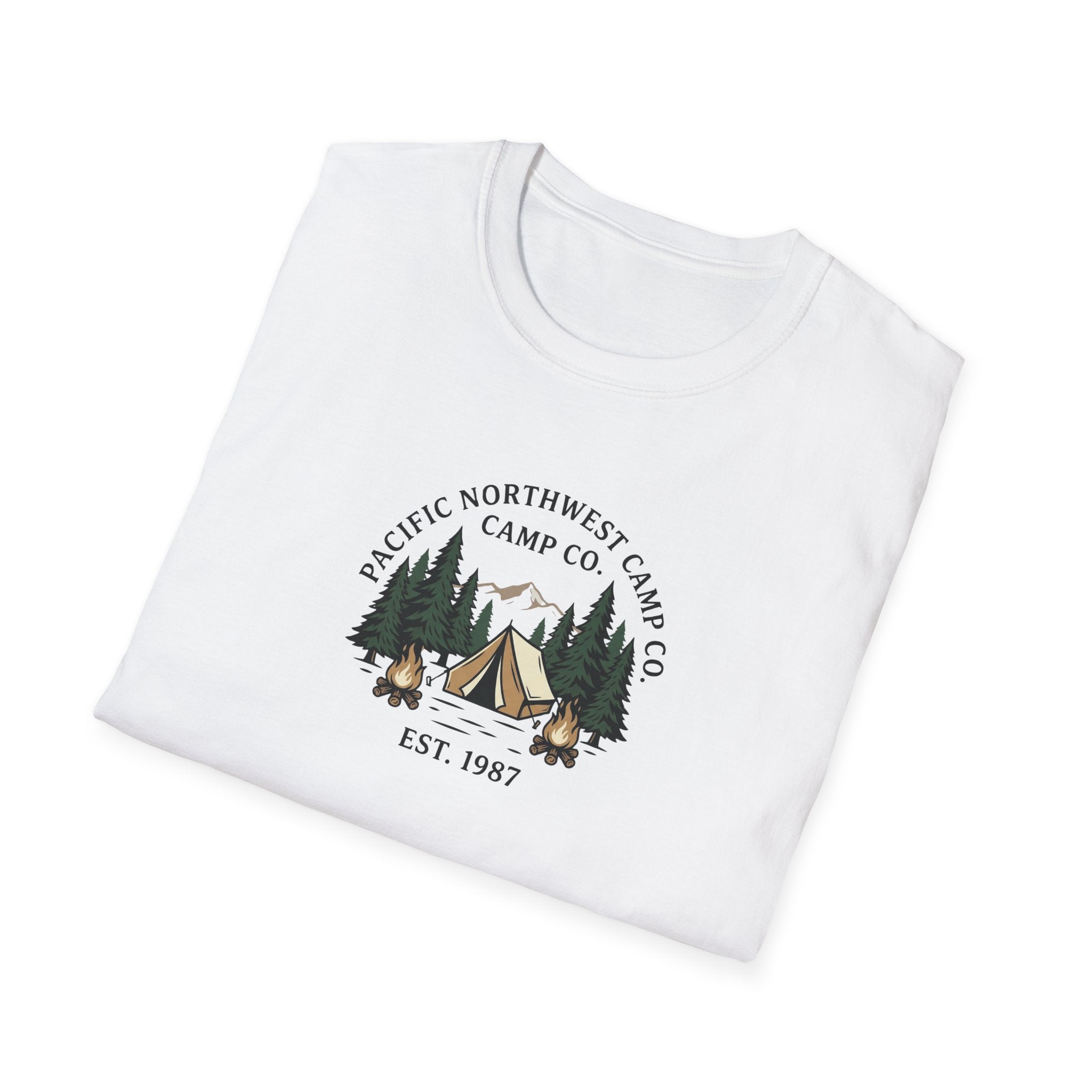 Campwood Trees Tent Graphic T-Shirt | Mountain Camping Logo, EST 1987