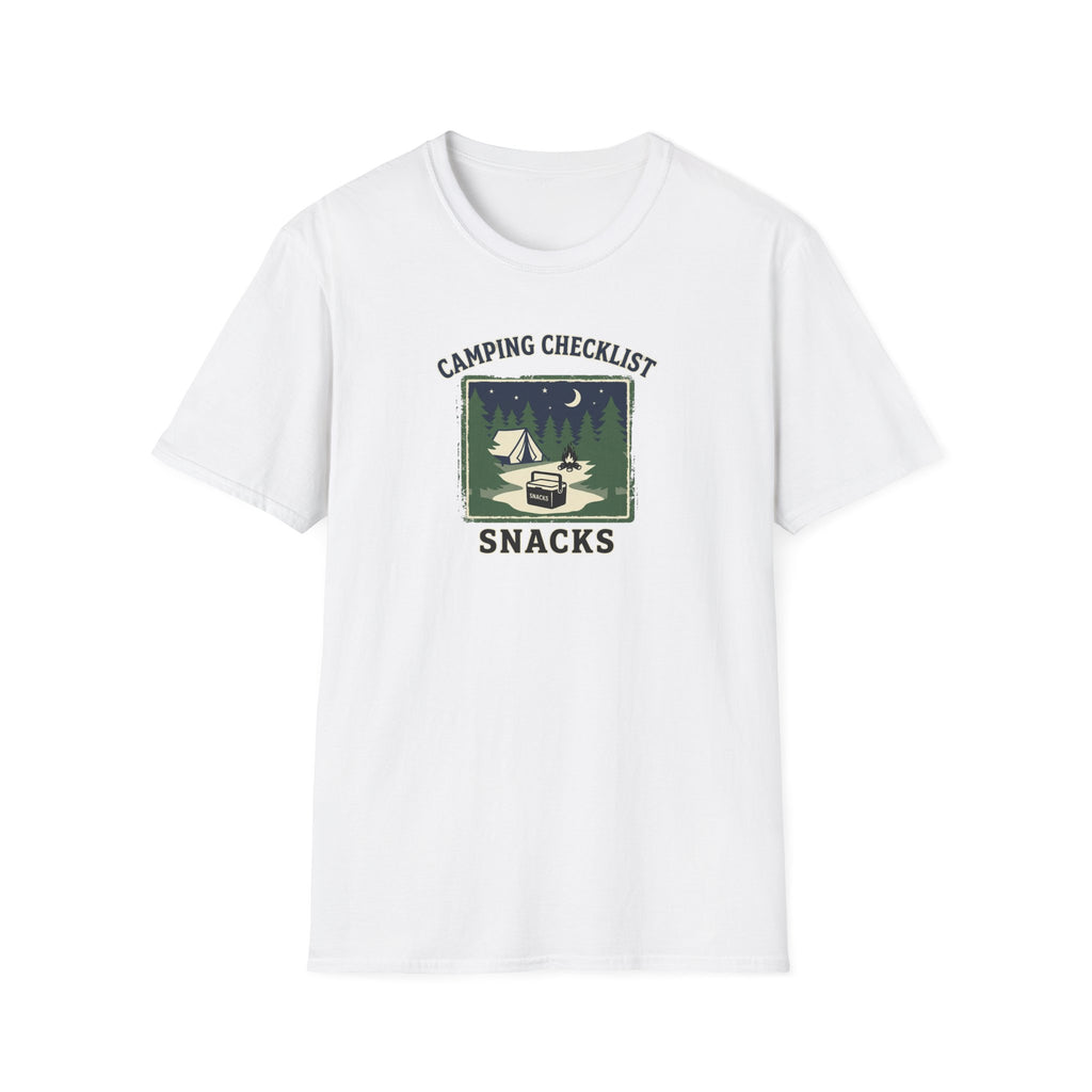 Camping Checklist Snacks T-Shirt | Camping Graphic Tee, Tent Campfire Design