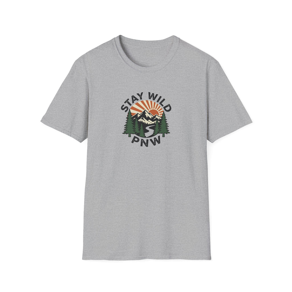 Stay Wild PNW T-Shirt | Mountain Sunset, Pine Trees, River Road