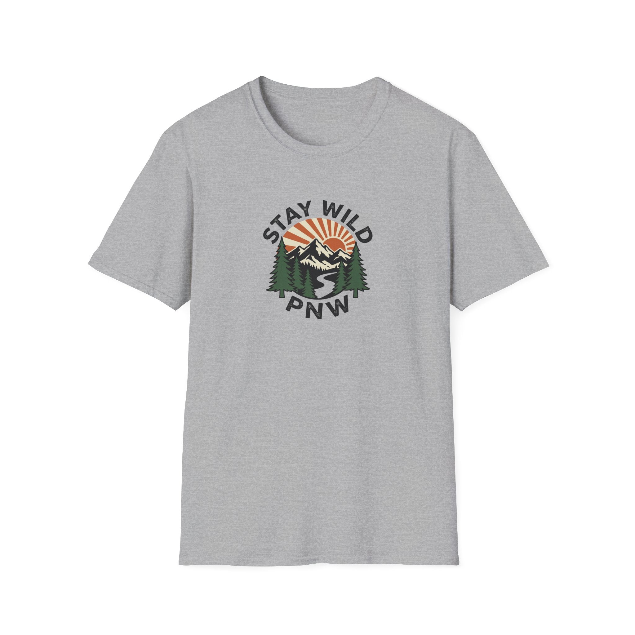 Stay Wild PNW T-Shirt | Mountain Sunset, Pine Trees, River Road
