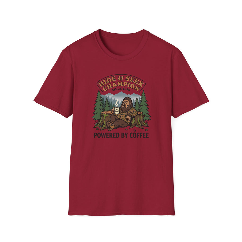 Sasquatch Hide & Seek Champion T-Shirt | Powered by Coffee, Bigfoot Design