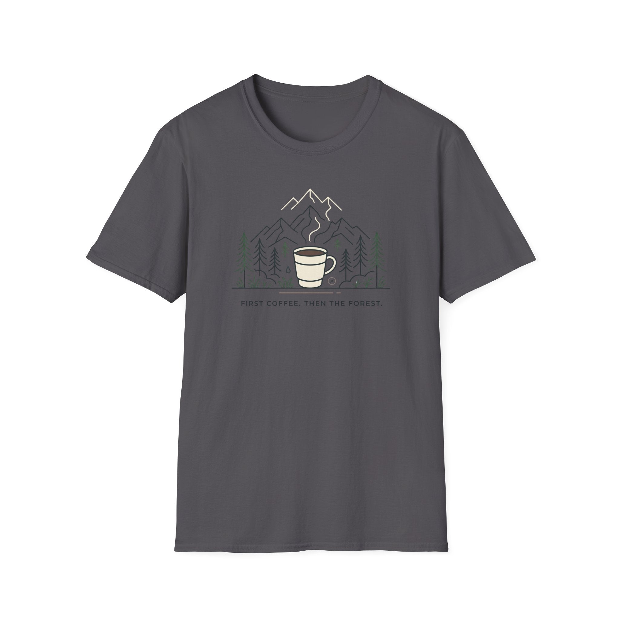 Coffee Cup in Pines T-Shirt | mountain camp mug, minimalist outdoors design