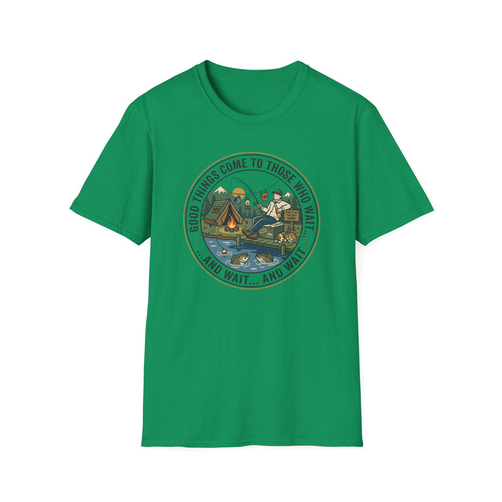 Camping Scene T-Shirt | Vintage Tent Lake Illustration, 'Good Things Come to Those Who Wait'